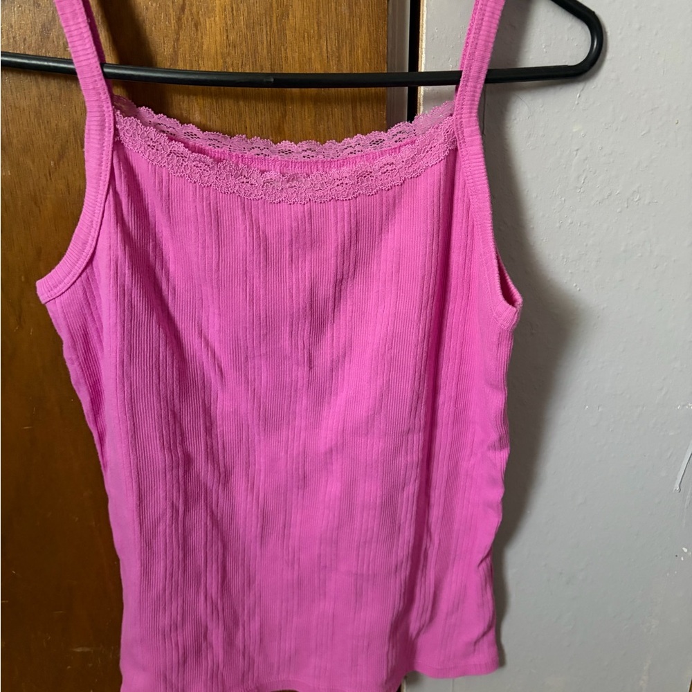 SO Pink Ribbed Lace-Trim Camisole